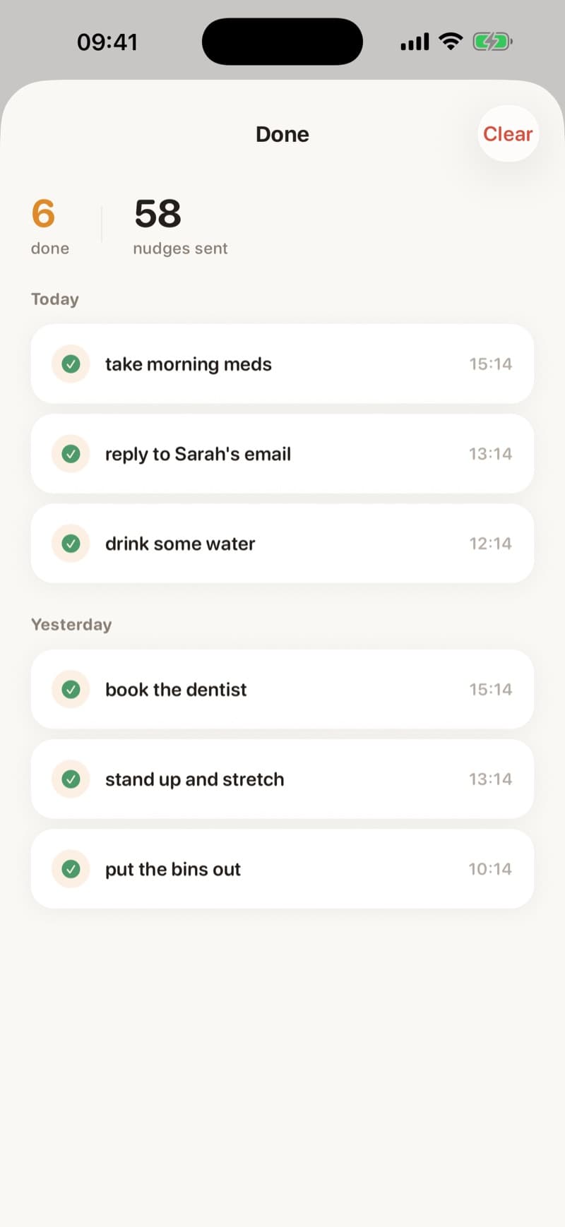 The Done screen — 6 done, 58 nudges sent, with completed tasks grouped under Today and Yesterday
