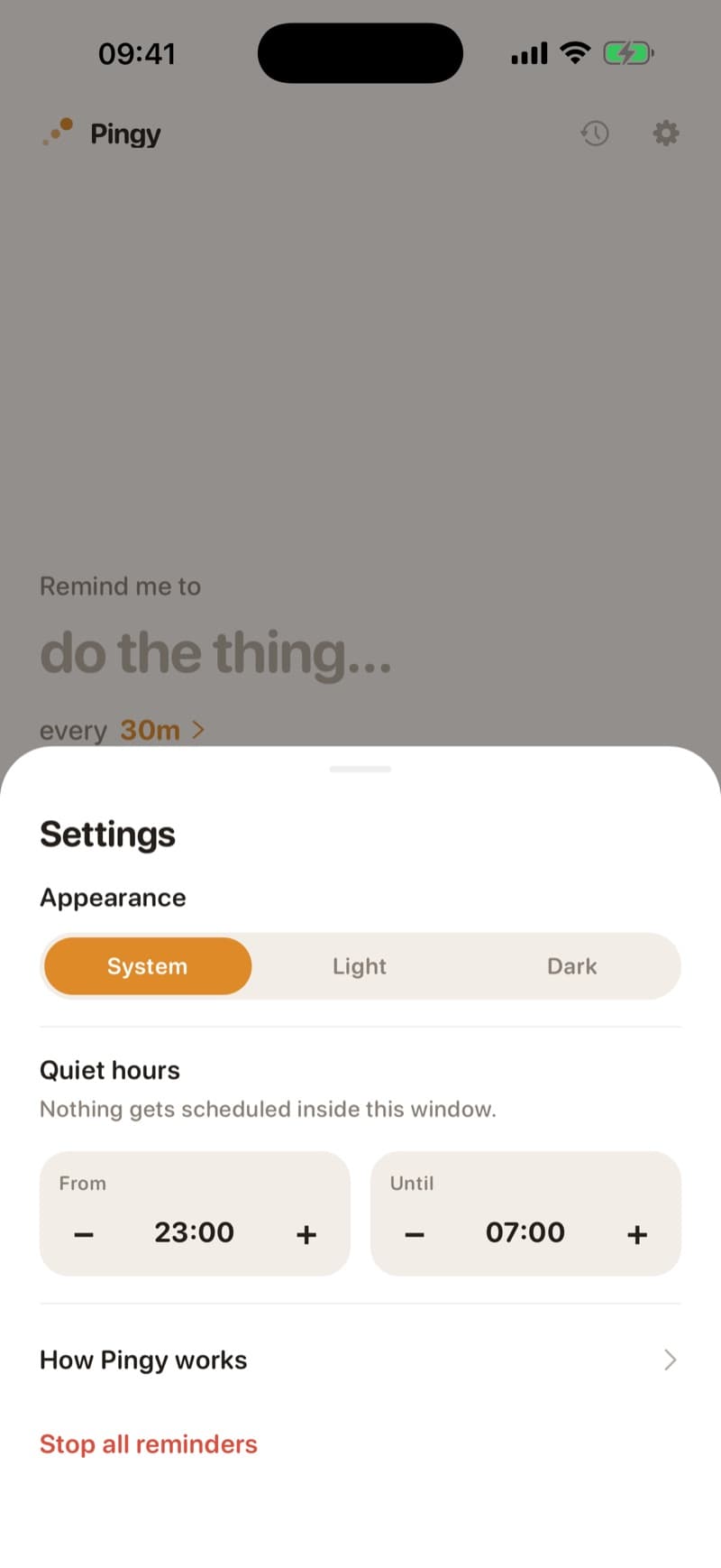 The Settings sheet — System, Light or Dark appearance and quiet hours from 23:00 to 07:00