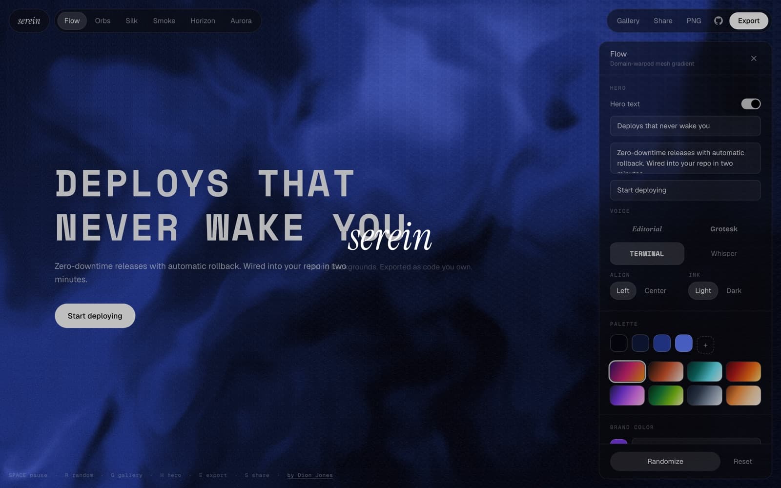 Serein's Hero Mode: an editable headline in the Terminal type voice over a live Flow shader, with voice, palette and motion controls