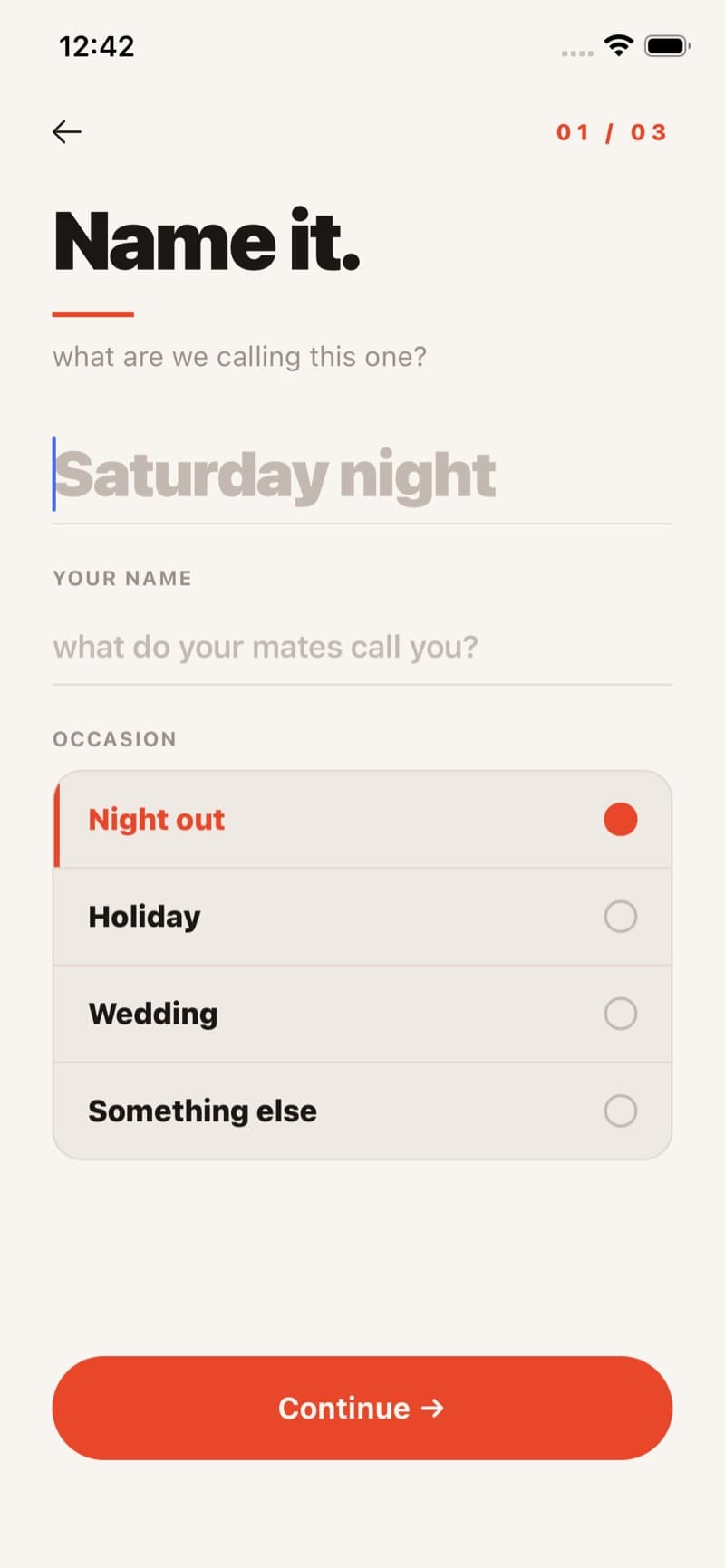 Creating a party: naming it and picking the occasion — night out, holiday, wedding or something else