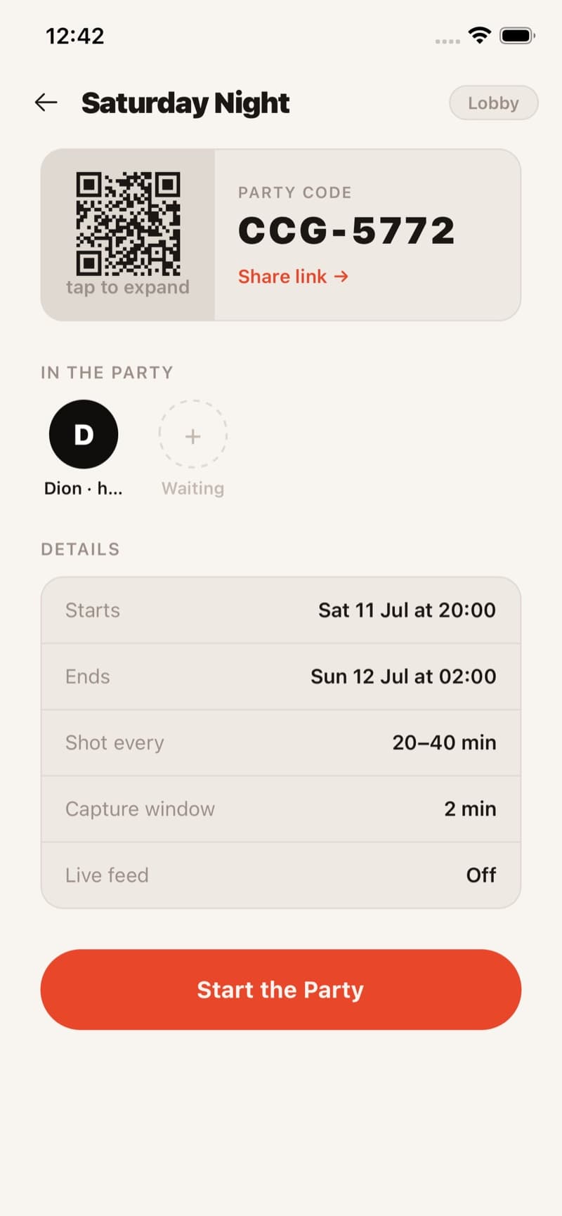 The host lobby: QR code and short party code to share, the night's rules at a glance, and the Start the Party button