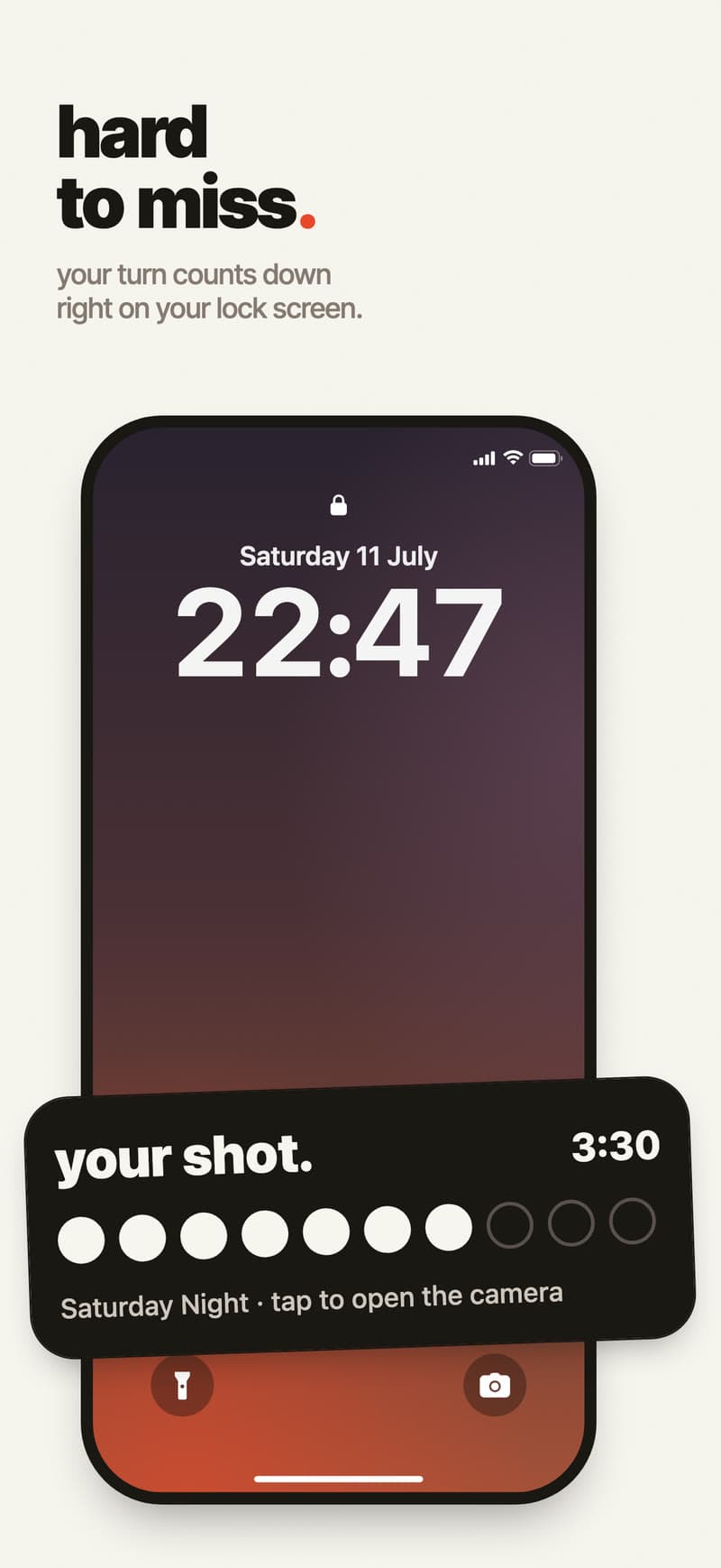 Hard to miss: your turn counts down on your lock screen. A Live Activity reads 'your shot. 3:30' with a row of progress dots.