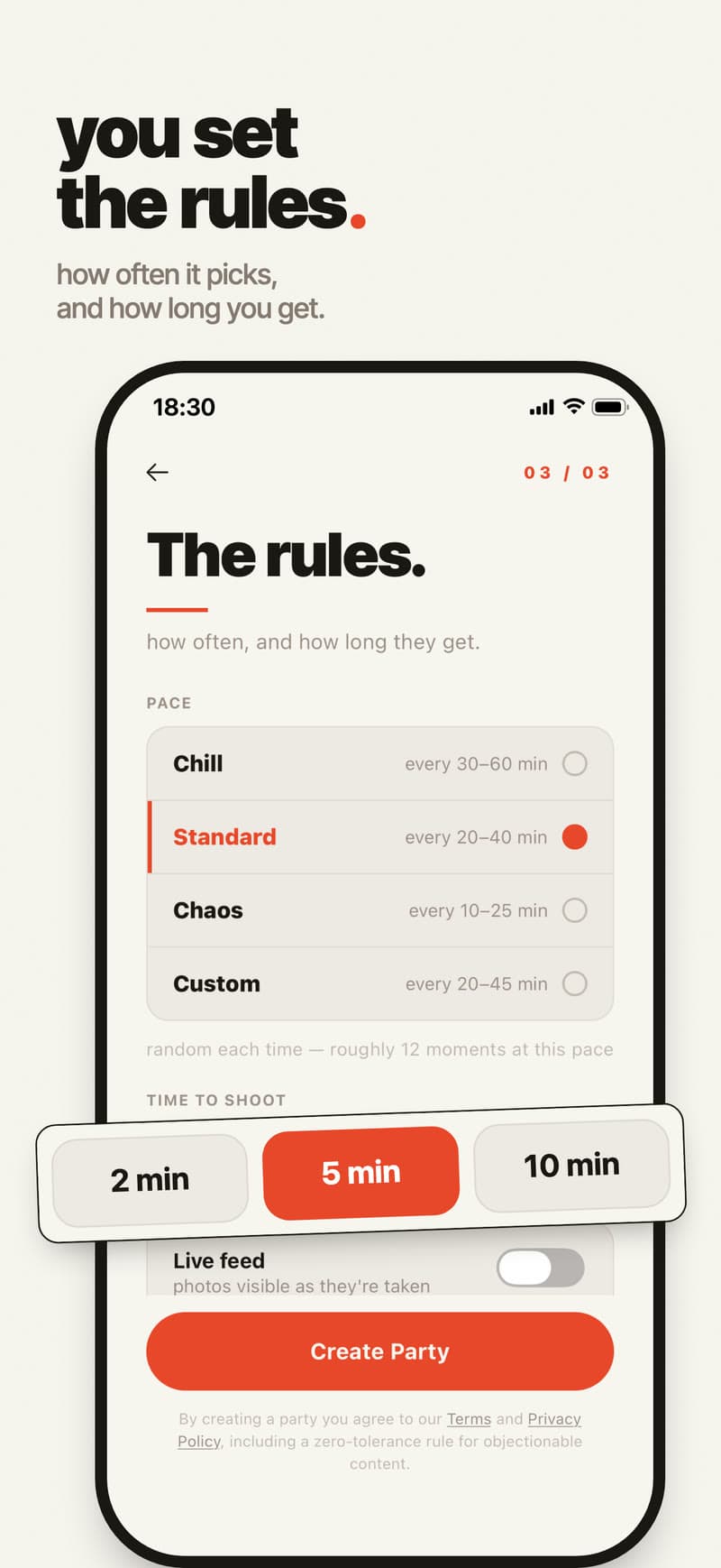 You set the rules. The rules screen with pace set to Chill, Standard, Chaos or Custom, and time to shoot set to 2, 5 or 10 minutes.