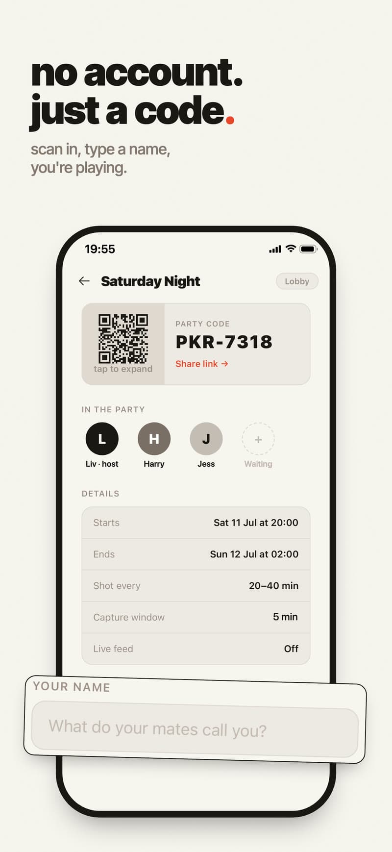 No account, just a code: scan in, type a name and you're playing. The lobby with a QR code and the party code PKR-7318.