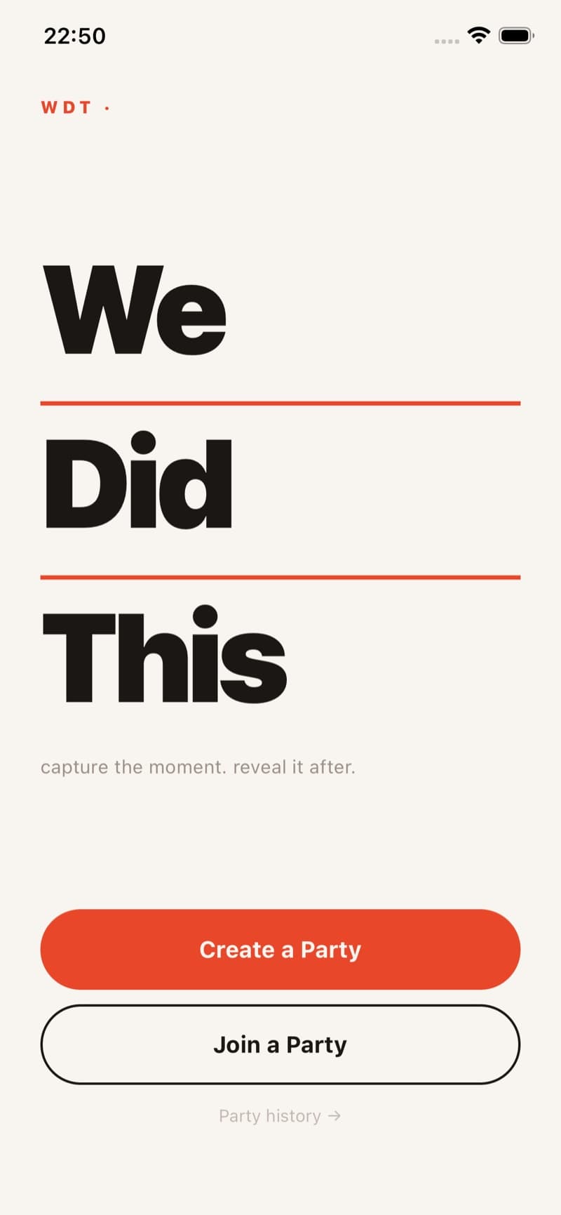 WeDidThis home screen — 'We Did This' in bold editorial type with Create a Party and Join a Party actions